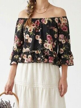 Free Kisses Floral Off Shoulder Peasant Top Black/Pink Size Medium Whimsigoth